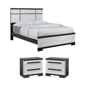Pemberly Row King Bed and 2 Nightstands Set in White Grained Wood and Ebony Black