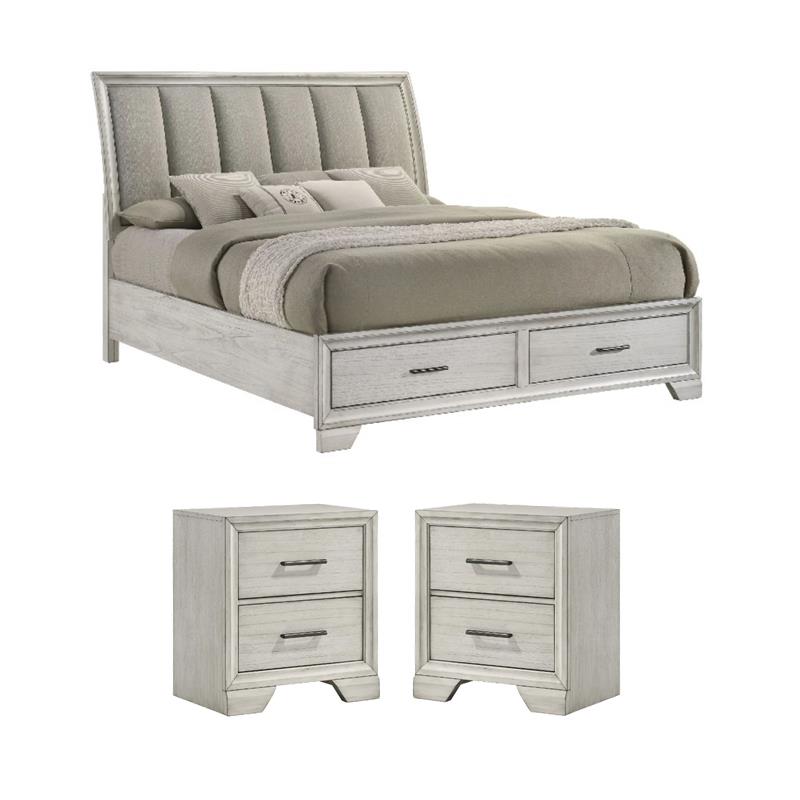 Pemberly Row Queen Storage Bed and 2 Nightstands in White Mist Finish