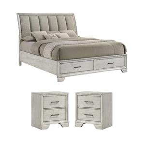 Pemberly Row Queen Storage Bed and 2 Nightstands in White Mist Finish