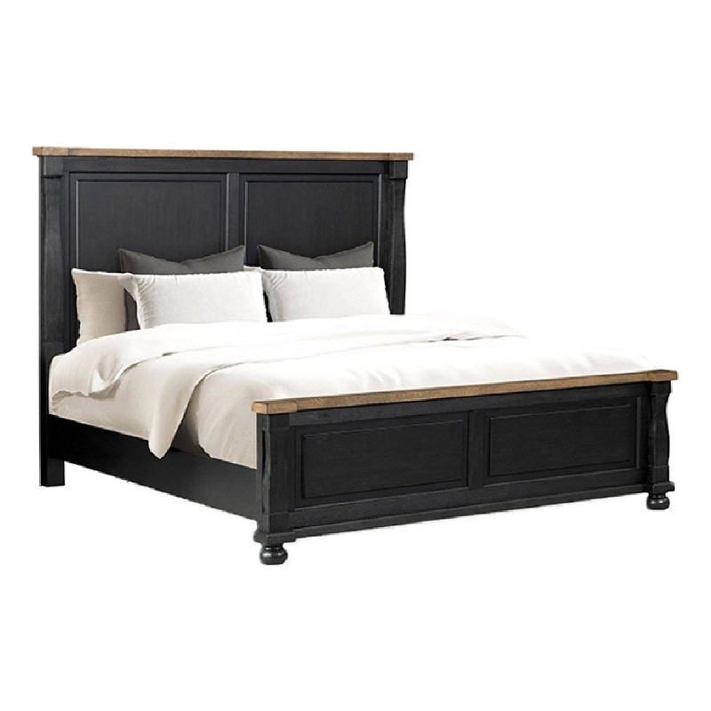 Pemberly Row Bedroom Set with Queen Bed and 2 Nightstands in Black & Rustic Oak Brown