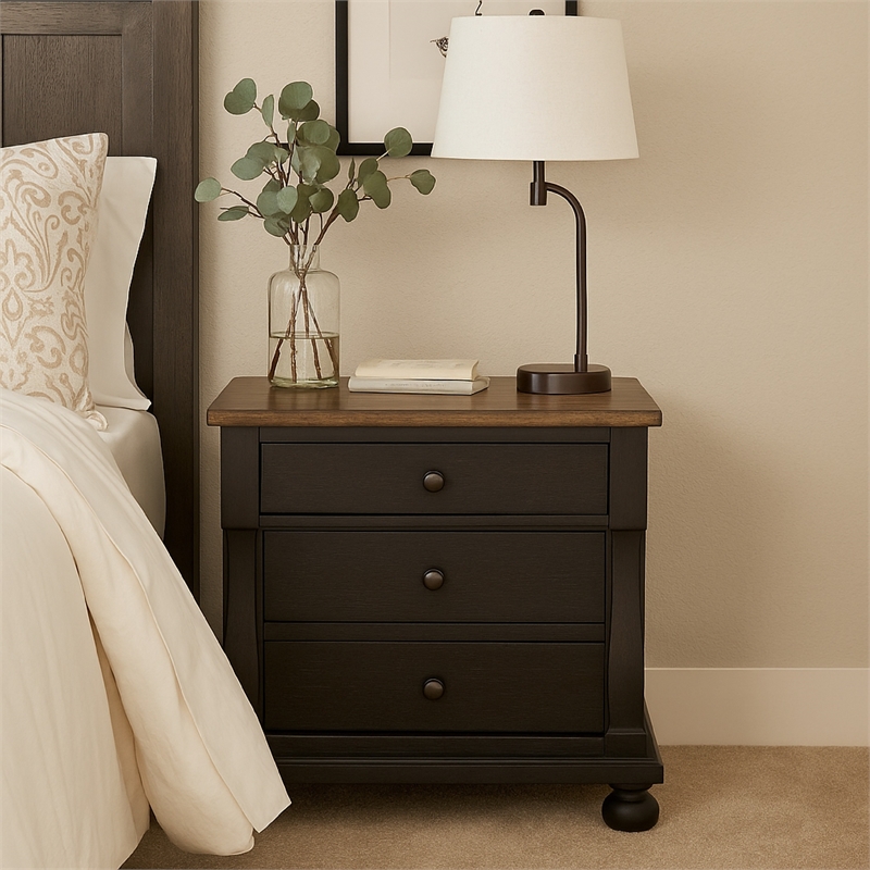 Pemberly Row Bedroom Set with Queen Bed and 2 Nightstands in Black & Rustic Oak Brown