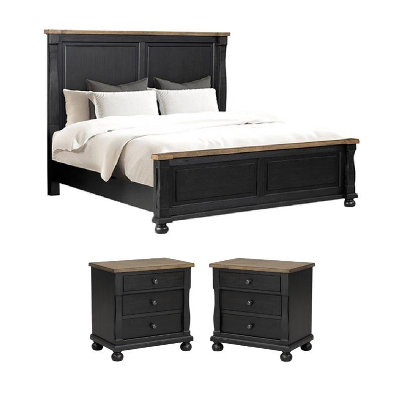 Pemberly Row Bedroom Set with Queen Bed and 2 Nightstands in Black & Rustic Oak Brown
