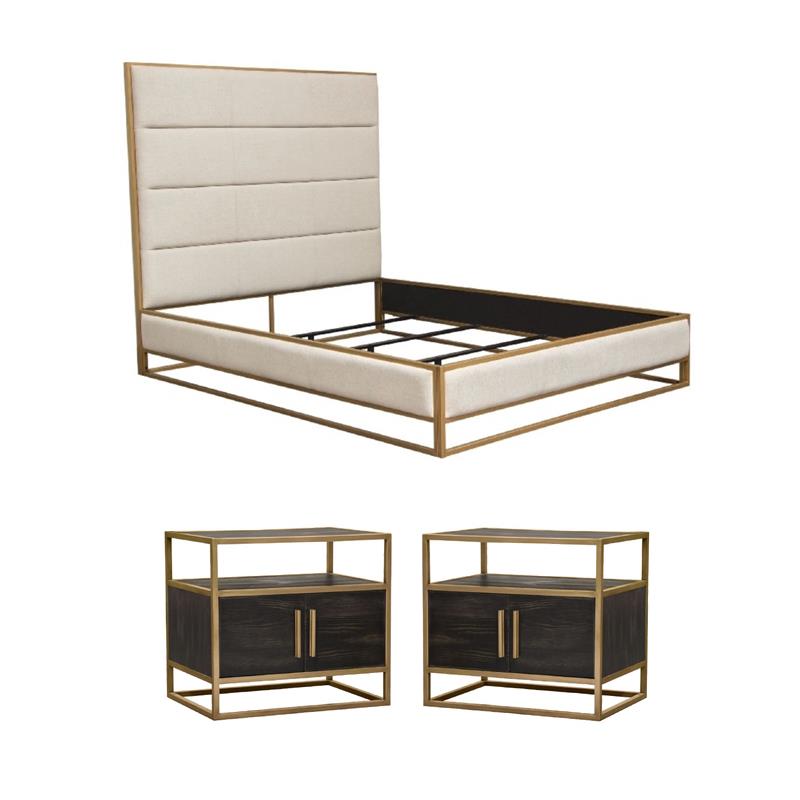 Pemberly Row King Size Bed and 2 Nightstands in Sand Brown Upholstery & Gold Metal Frame