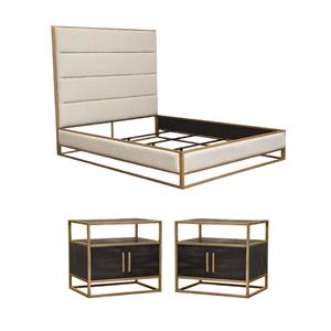 Pemberly Row King Size Bed and 2 Nightstands in Sand Brown Upholstery & Gold Metal Frame