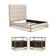 Pemberly Row King Size Bed and 2 Nightstands in Sand Brown Upholstery & Gold Metal Frame