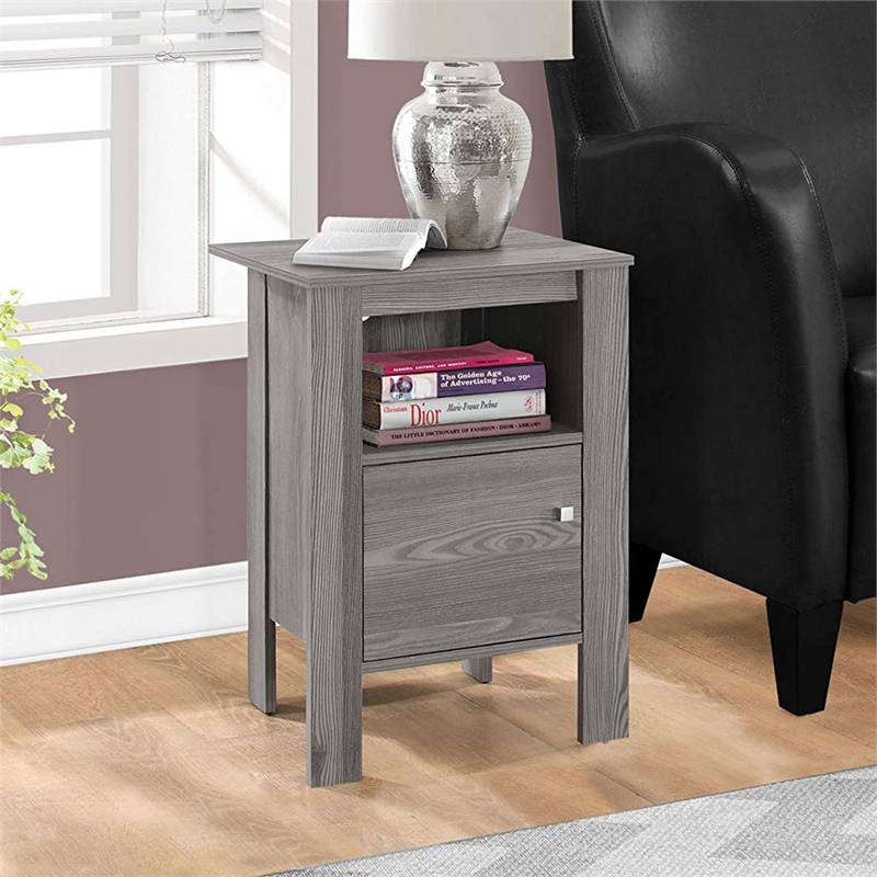Pemberly Row Side Table Nightstand with Shelf and Cabinet in Grey