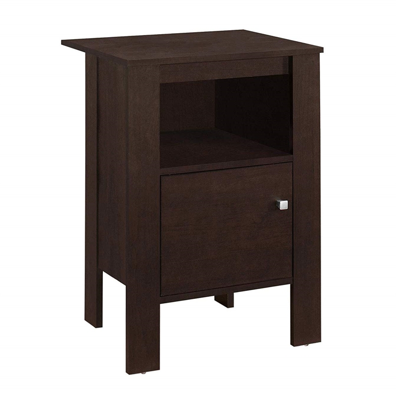Pemberly Row Side Table Nightstand with Shelf and Cabinet in Espresso