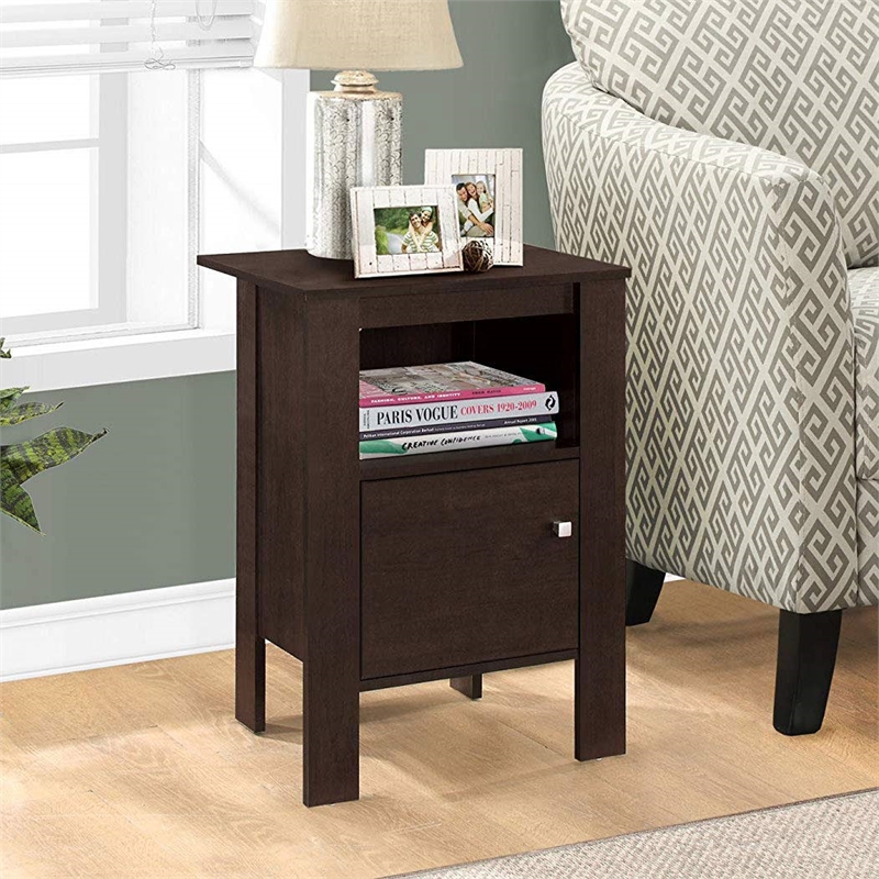 Pemberly Row Side Table Nightstand with Shelf and Cabinet in Espresso