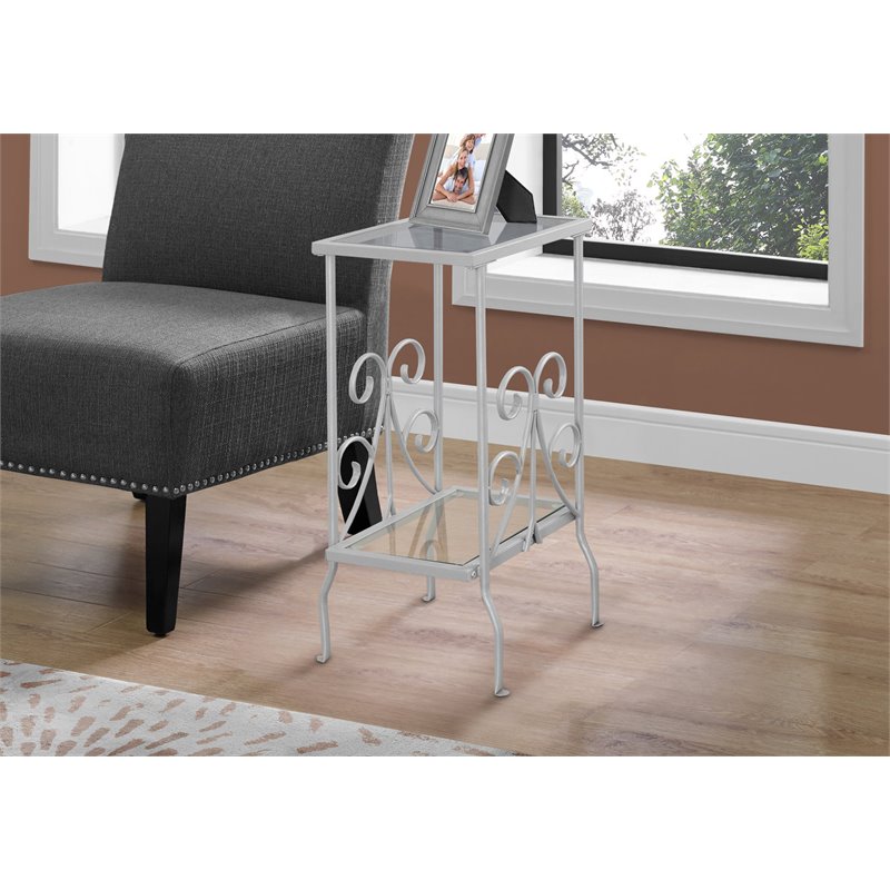 Pemberly Row Silver Metal End Table with Tempered Glass Shelves