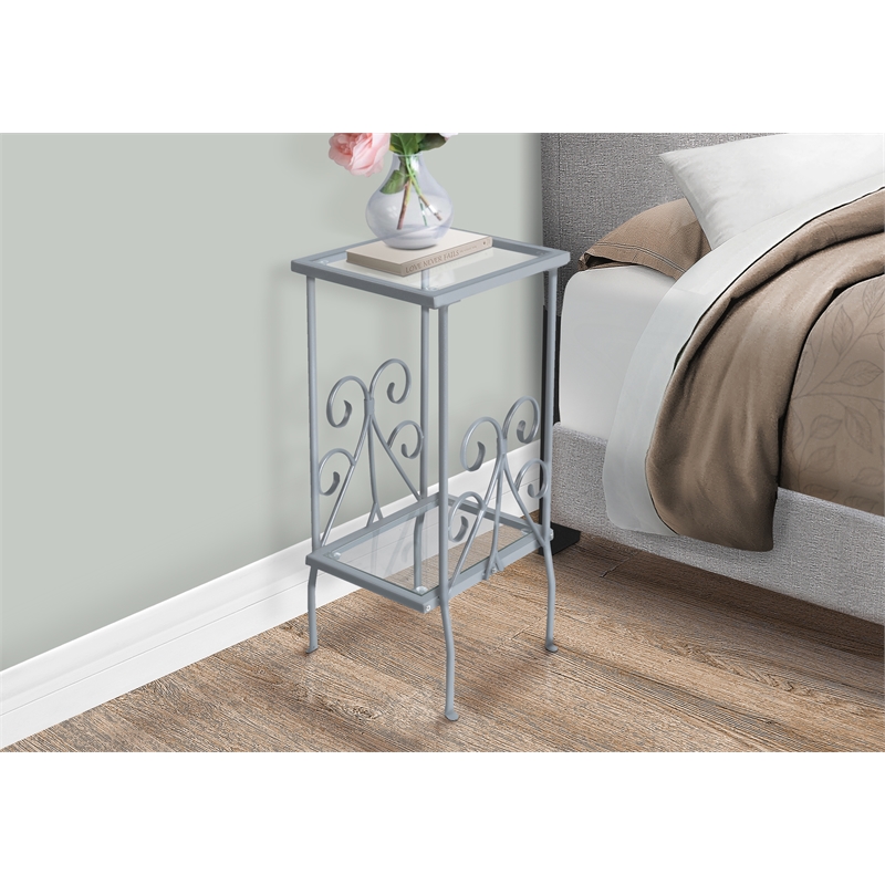 Pemberly Row Silver Metal End Table with Tempered Glass Shelves
