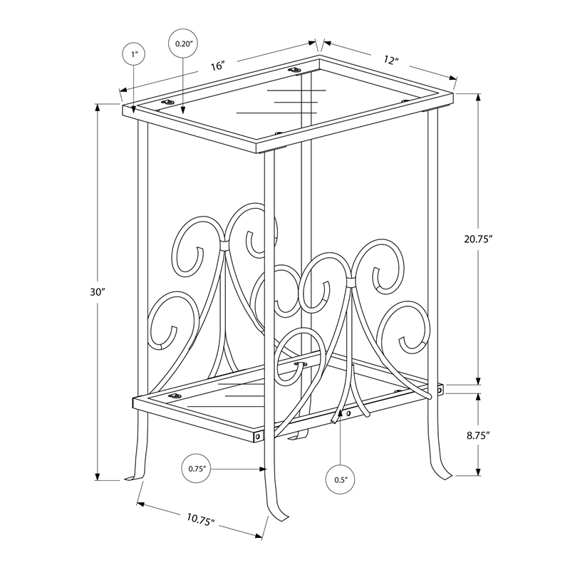 Pemberly Row Silver Metal End Table with Tempered Glass Shelves