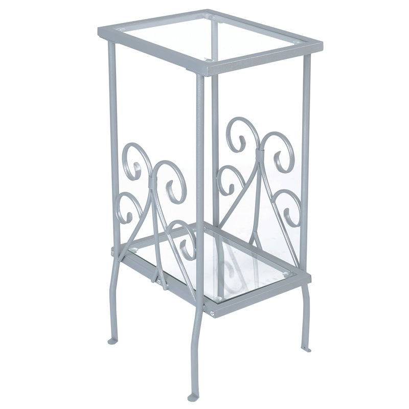 Pemberly Row Silver Metal End Table with Tempered Glass Shelves
