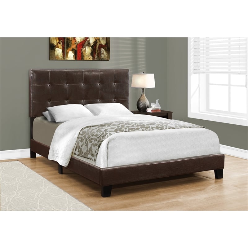 Pemberly Row Full Size Tufted Platform Bed Frame in Dark Brown Leather Look