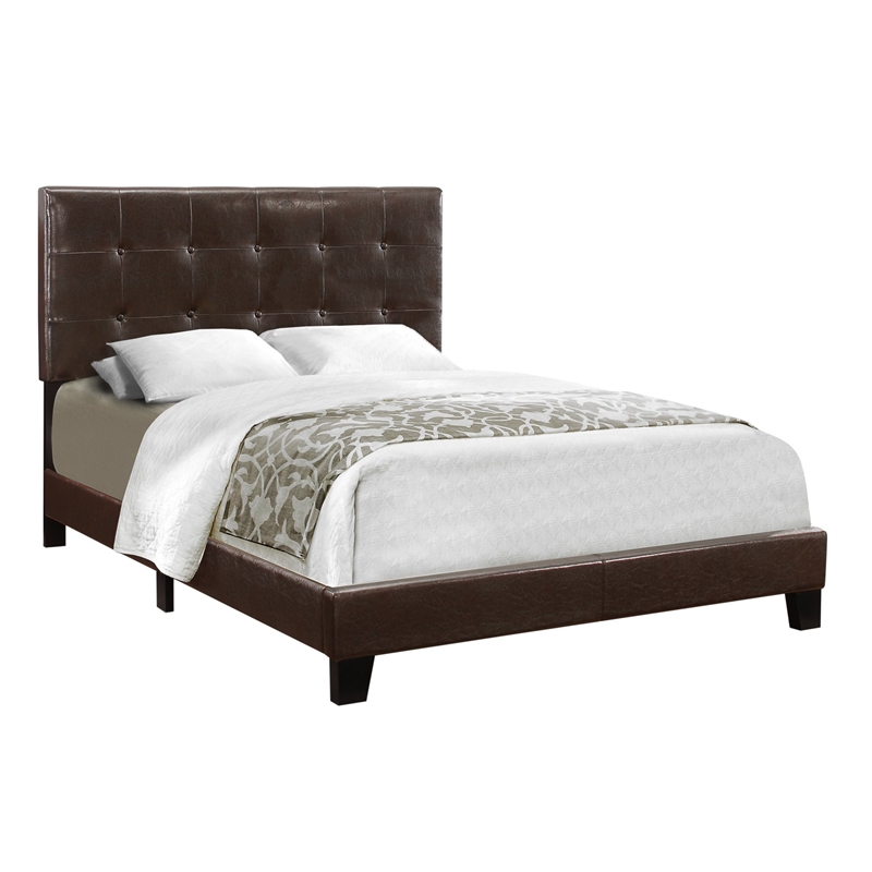 Pemberly Row Full Size Tufted Platform Bed Frame in Dark Brown Leather Look
