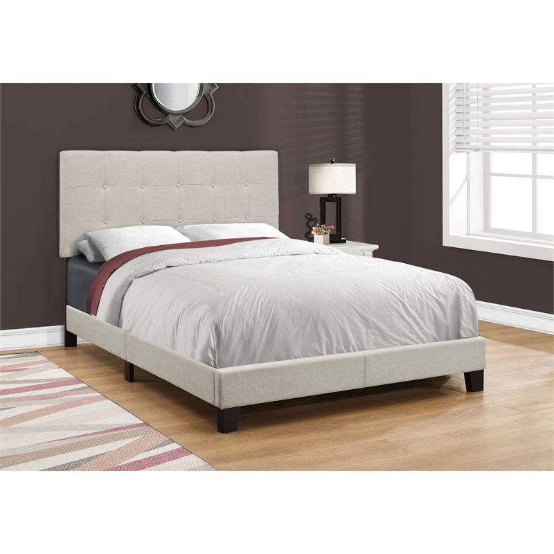 Pemberly Row Full Size Platform Bed Frame Upholstered in Beige Linen Look