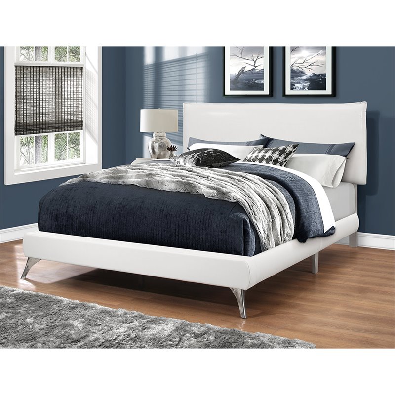 Pemberly Row Queen Platform Bed with Chrome Legs in White Leather Look
