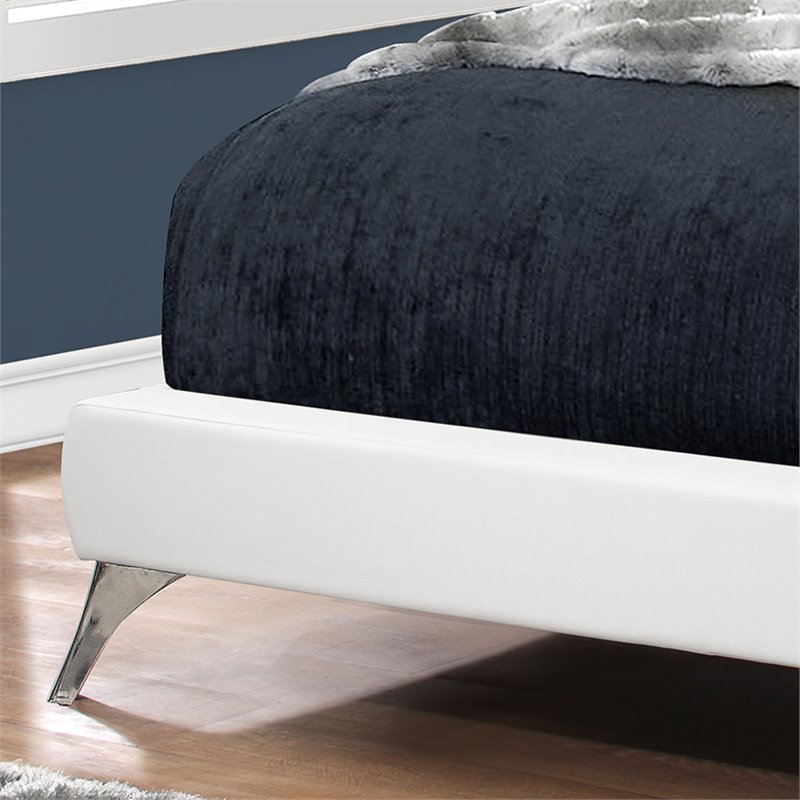 Pemberly Row Queen Platform Bed with Chrome Legs in White Leather Look