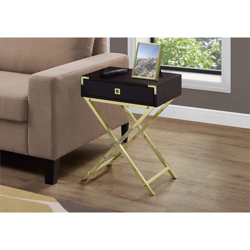 Pemberly Row Retro Glam Accent Table with Drawer in Espresso and Gold