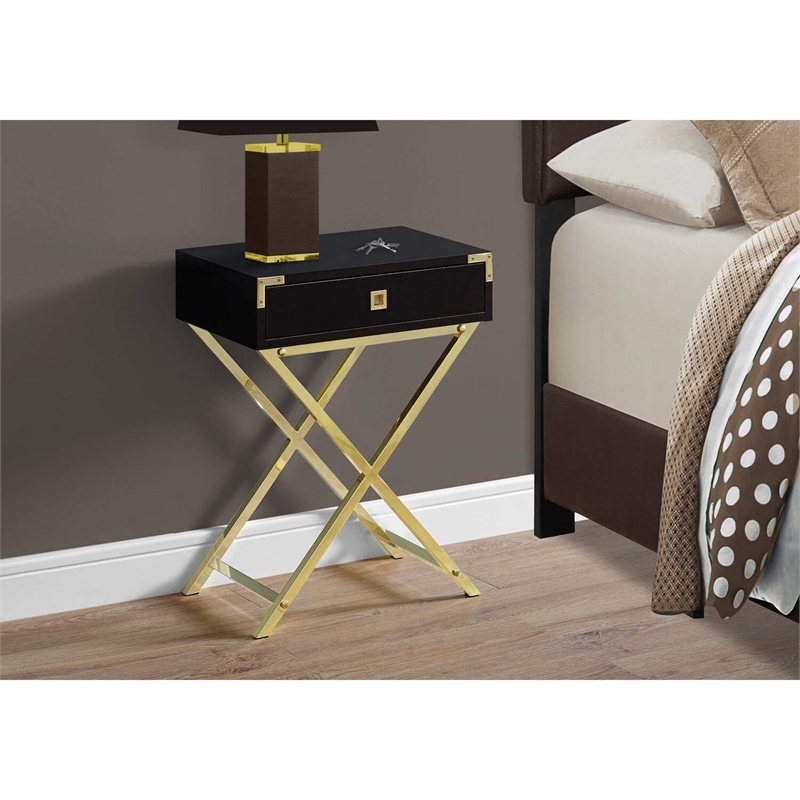 Pemberly Row Retro Glam Accent Table with Drawer in Espresso and Gold