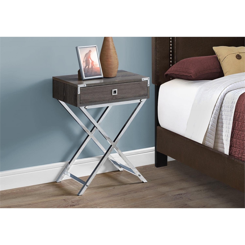 Pemberly Row Retro Glam Accent Table with Drawer in Dark Taupe and Silver