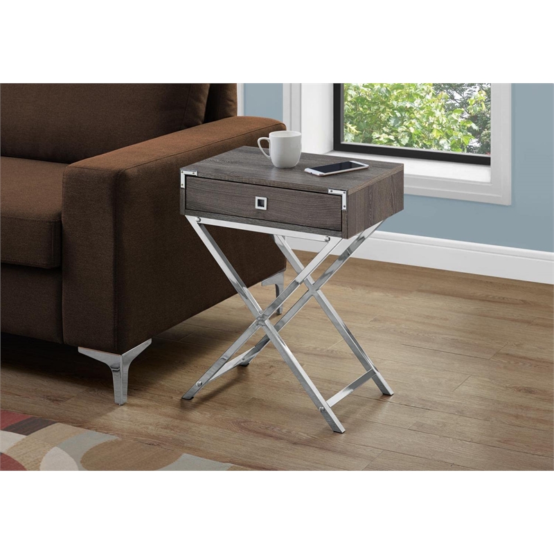 Pemberly Row Retro Glam Accent Table with Drawer in Dark Taupe and Silver