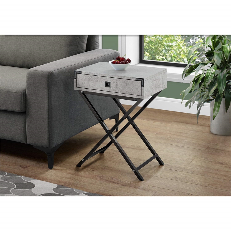Pemberly Row Retro Glam Accent Table with Drawer in Gray and Black Nickel