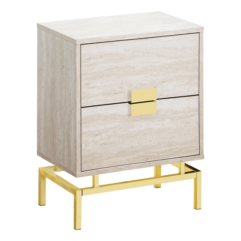 Pemberly Row Retro Accent Table with 2 Drawers in Beige Marble Look