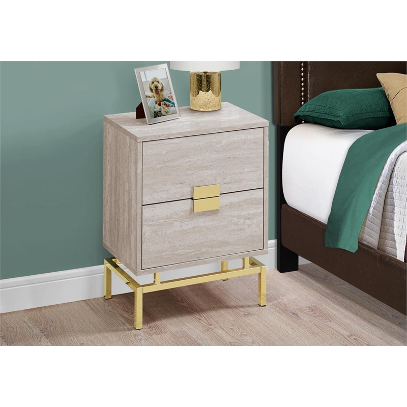 Pemberly Row Retro Accent Table with 2 Drawers in Beige Marble Look