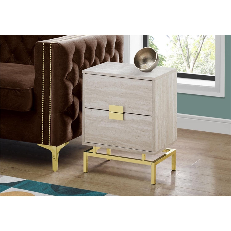 Pemberly Row Retro Accent Table with 2 Drawers in Beige Marble Look