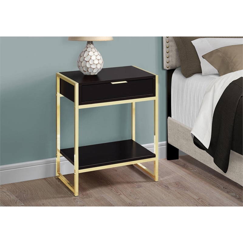 Pemberly Row Accent Table with Drawer and Shelf in Espresso and Gold