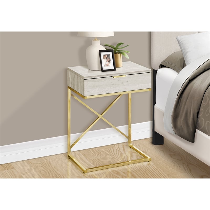 Pemberly Row Accent Table with Drawer and X-Design Frame in Beige Marble