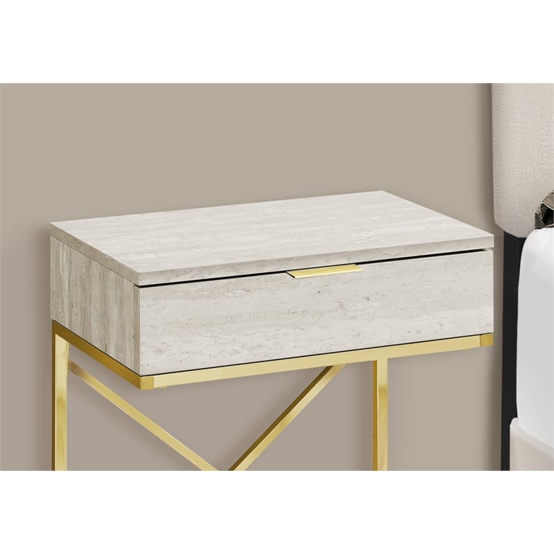 Pemberly Row Accent Table with Drawer and X-Design Frame in Beige Marble