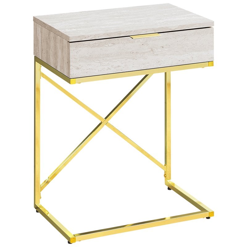 Pemberly Row Accent Table with Drawer and X-Design Frame in Beige Marble