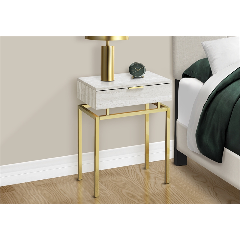 Pemberly Row Accent Table with Drawer and Gold Metal Base in Beige Marble