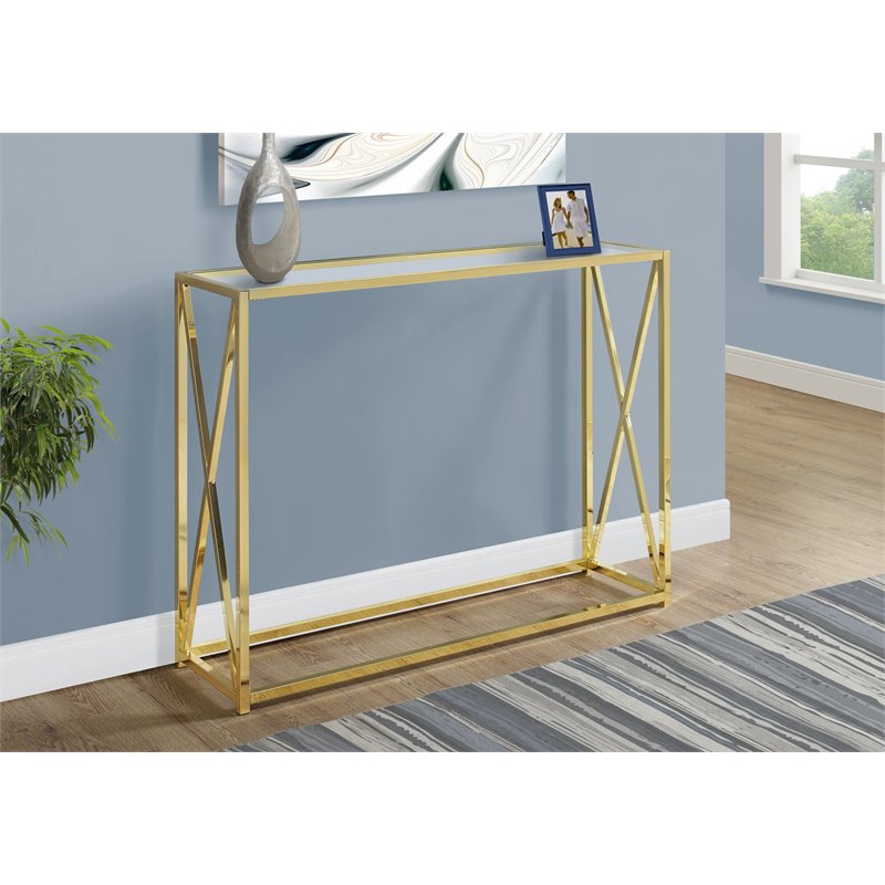 Pemberly Row Tempered Glass Console Table with Gold Metal X-Design Base
