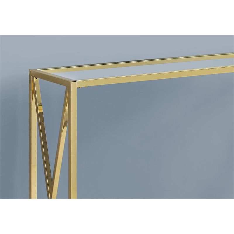 Pemberly Row Tempered Glass Console Table with Gold Metal X-Design Base