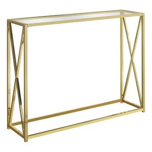 Pemberly Row Tempered Glass Console Table with Gold Metal X-Design Base
