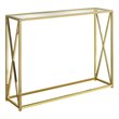 Pemberly Row Tempered Glass Console Table with Gold Metal X-Design Base