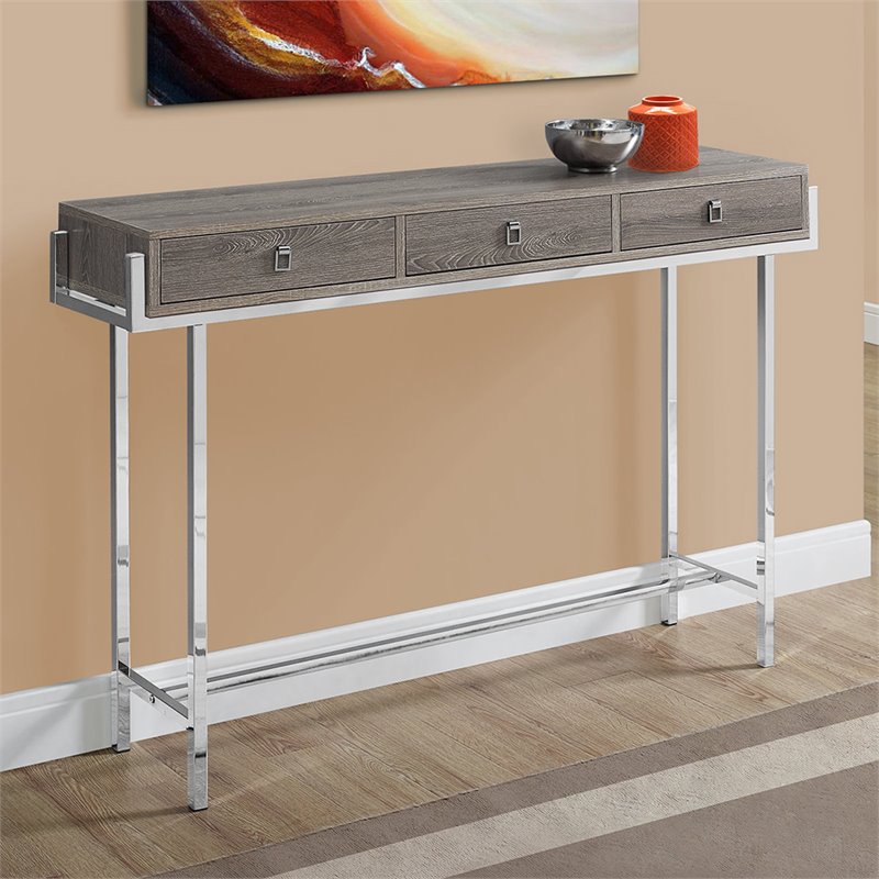 Pemberly Row 3-Drawer Console Table in Dark Taupe with Chrome Metal Base
