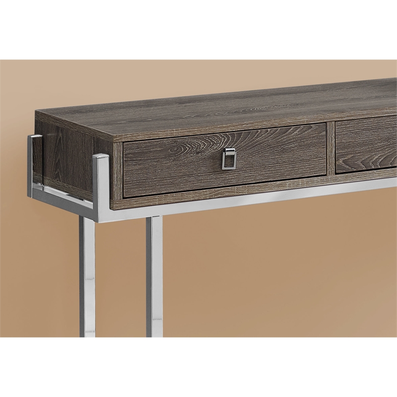 Pemberly Row 3-Drawer Console Table in Dark Taupe with Chrome Metal Base
