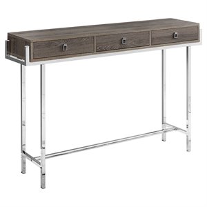 Pemberly Row 3-Drawer Console Table in Dark Taupe with Chrome Metal Base