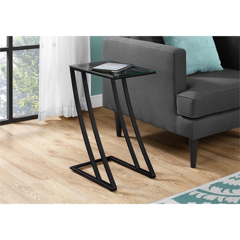 Pemberly Row Z-Shaped Accent Table with Tempered Glass Top in Black