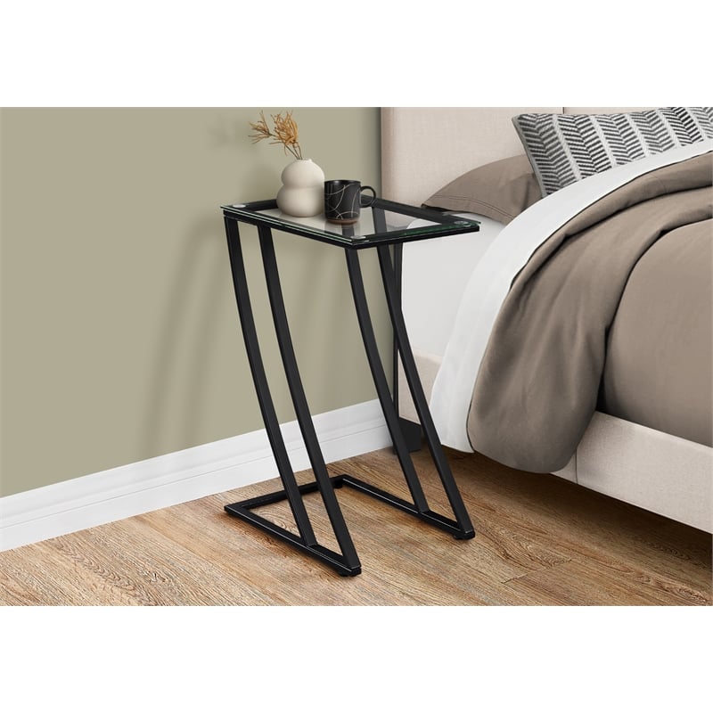 Pemberly Row Z-Shaped Accent Table with Tempered Glass Top in Black