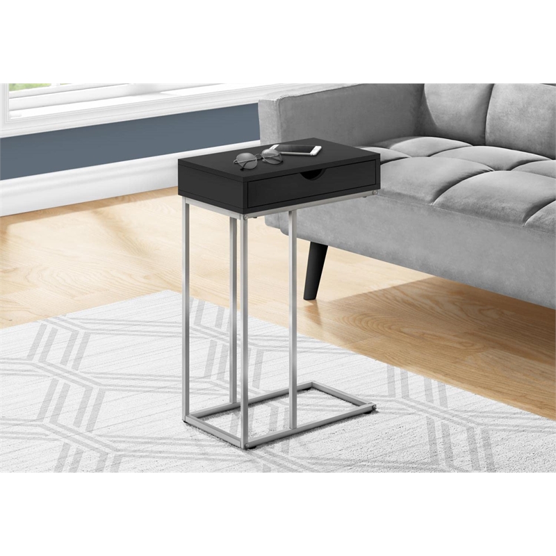 Pemberly Row C-Shaped Accent Table with Drawer in Black and Silver