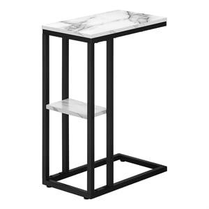 Pemberly Row C-Shaped Accent Table with Shelf in White Marble Look