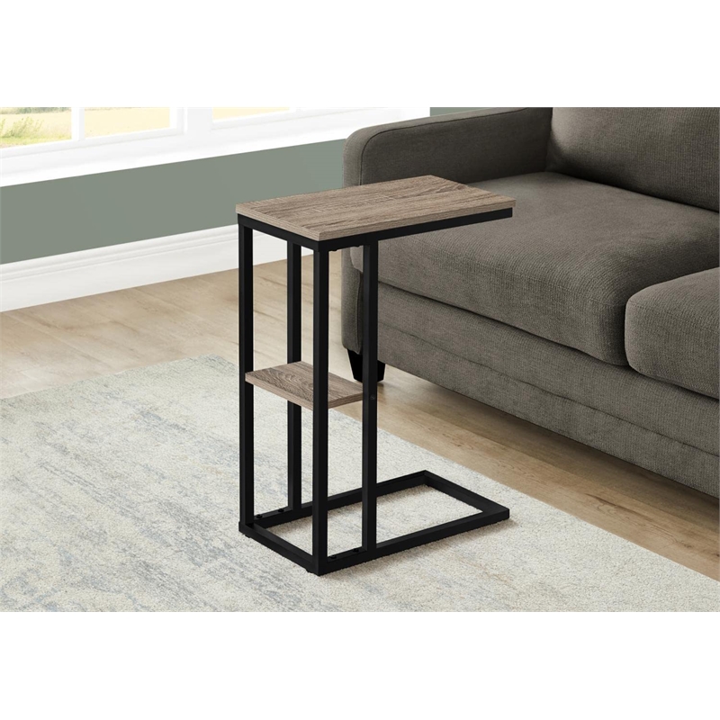 Pemberly Row C-Shaped Accent Table with Shelf in Dark Taupe Wood Look