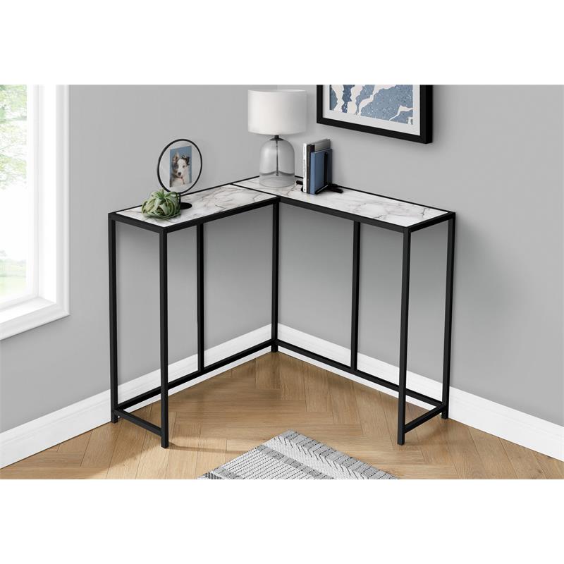Pemberly Row L-Shaped Corner Console Table in White Marble Look