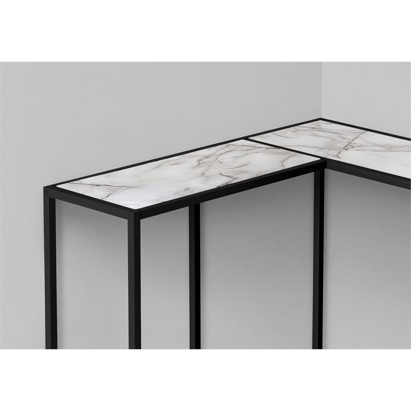 Pemberly Row L-Shaped Corner Console Table in White Marble Look