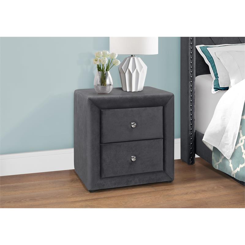 Pemberly Row Upholstered 2-Drawer Nightstand in Dark Grey Velvet Look