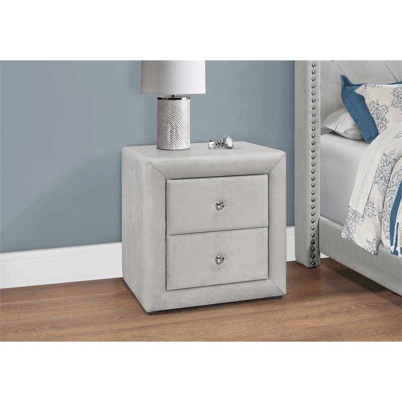 Pemberly Row Upholstered 2-Drawer Nightstand in Light Grey Velvet Look